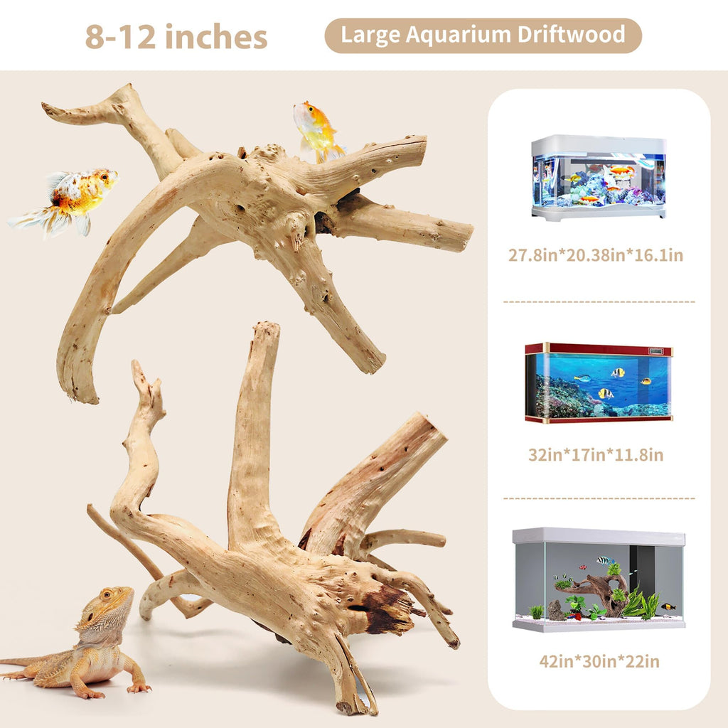 WDEFUN Natural Driftwood for Aquarium Decor, 2-Piece 10''-14'' Large Driftwood for Decorations on Fish Tank, Reptiles Bearded Dragon Accessories or Air Plants