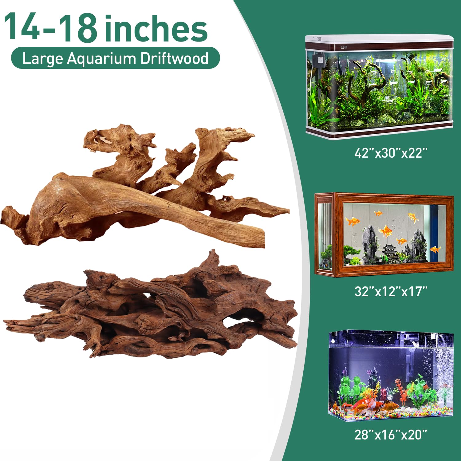 WDEFUN Natural Driftwood for Aquarium Decor, 2-Piece 10''-14'' Large Driftwood for Decorations on Fish Tank, Reptiles Bearded Dragon Accessories or Air Plants