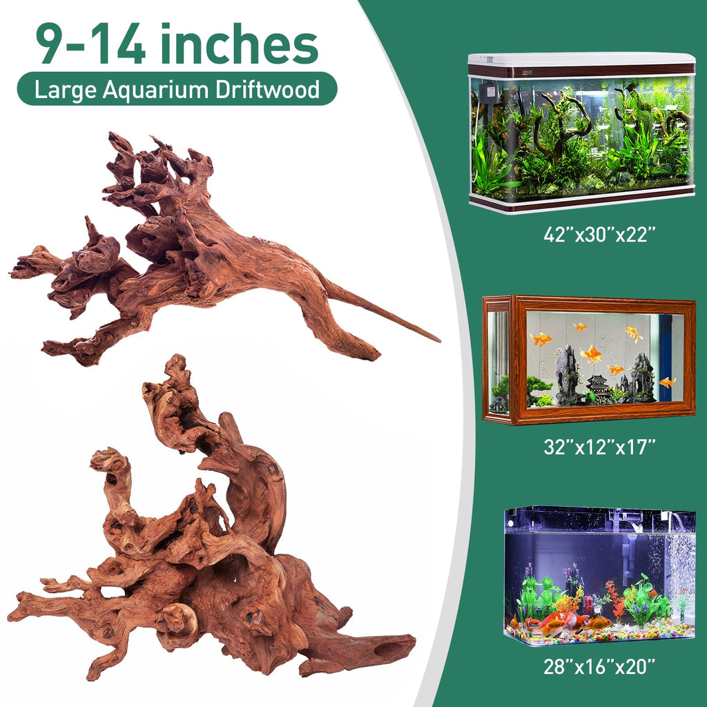 WDEFUN Natural Driftwood for Aquarium Decor, 2-Piece 10''-14'' Large Driftwood for Decorations on Fish Tank, Reptiles Bearded Dragon Accessories or Air Plants