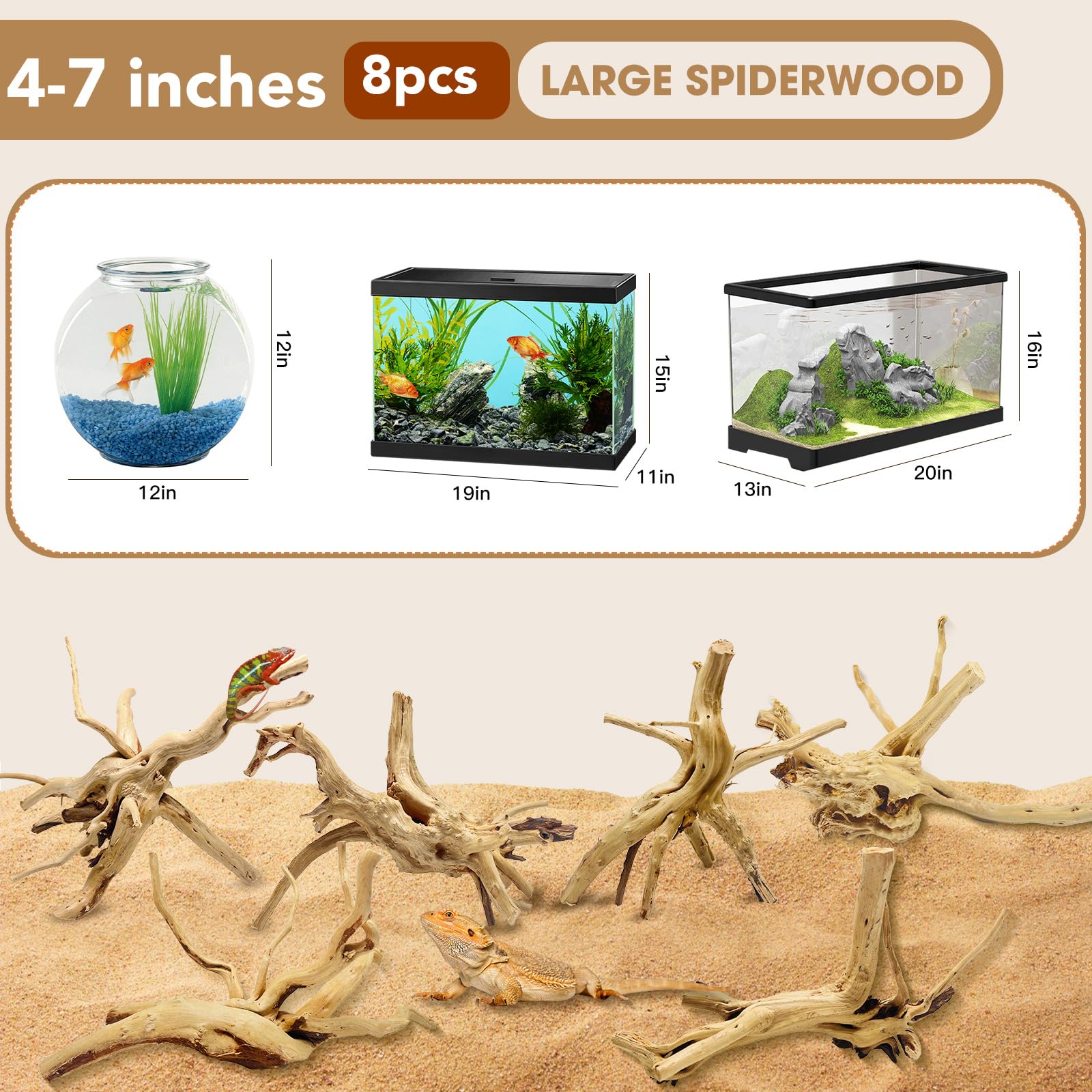 Jorewood Natural Small Aquarium Driftwood for Fish Tanks & Reptile Terrariums – 100% Safe Fish Tank Decorations, Unique Twisted Branches 5-Piece 4-8 Inch Low Tannin, Easy to Sink